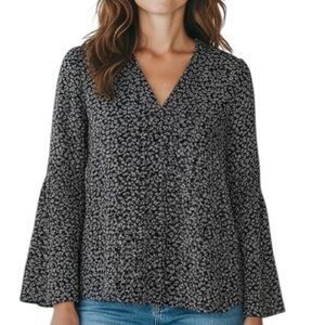 NWT MICHAEL Kors Black Floral Long Bell Sleeve V-Neck Blouse Size Large